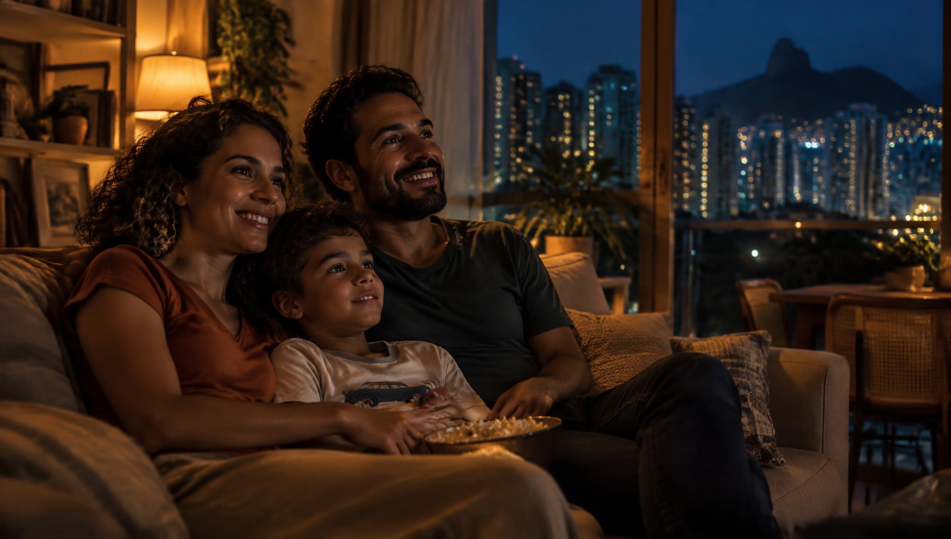 Família em casa à noite, com a cidade iluminada ao fundo